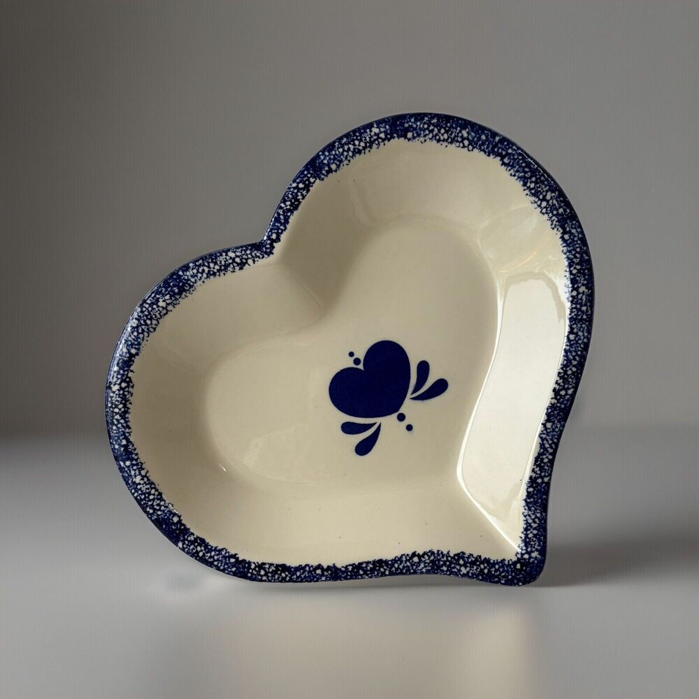VTG Blue Heart Spongeware Heart Shaped Decorative Serving Dish Platter 12"×10"